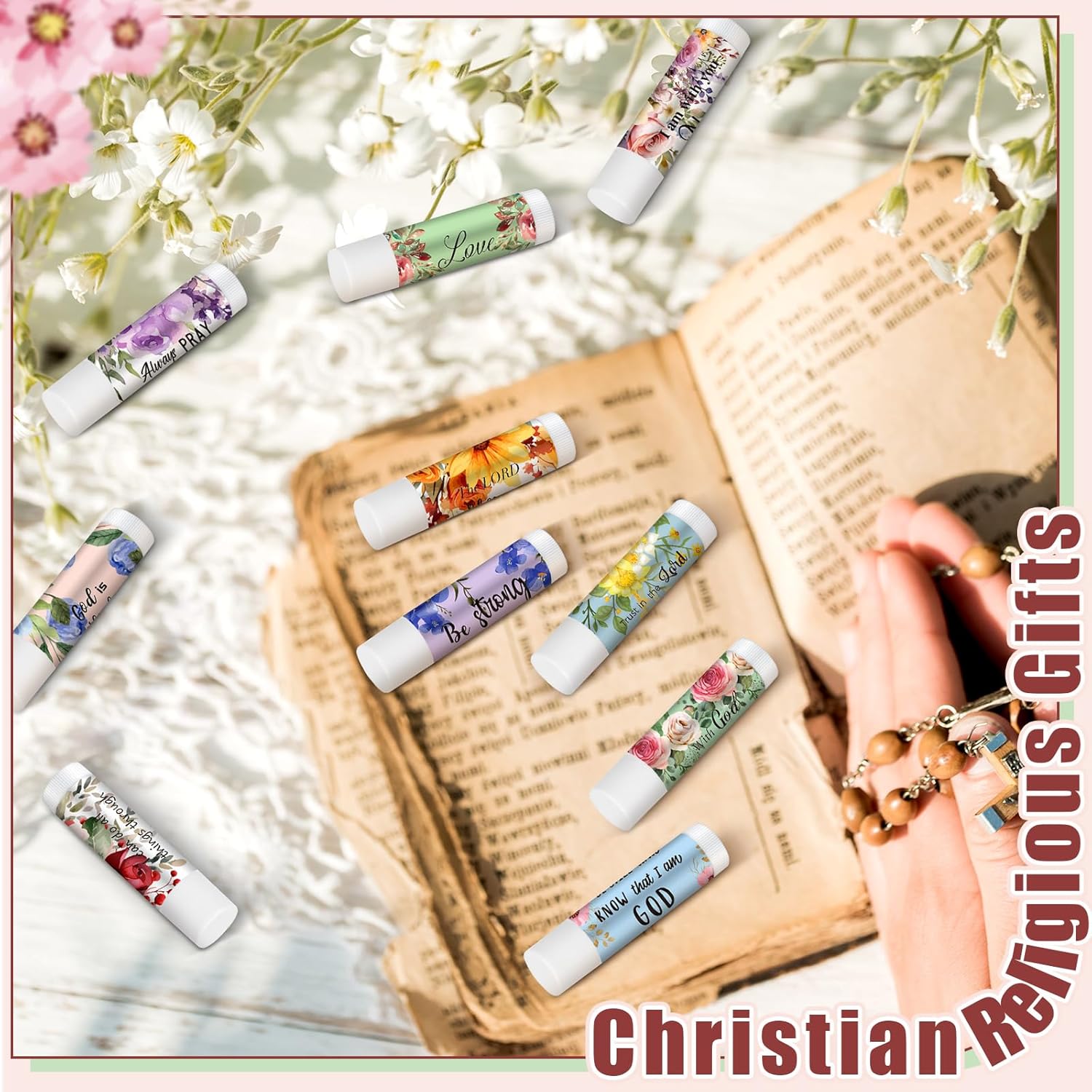 50 Pack Christian Religious Gifts Bulk Lip Balms for Women Men Church Party Favors Bulk Bible Verse Lip Balm with Scripture Inspirational Gifts for Coworkers Staff Employee (Christian Floral)
