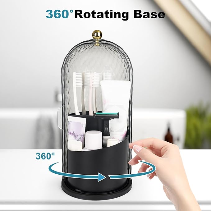 Toothbrush Holders with Sliding Lid, Rotating 3 Slots Bathroom Organizer Countertop, Tooth Brush Toothpaste Holder Bathroom Counter Stand Caddy for Vanity Makeup Brushes Holder (Black)