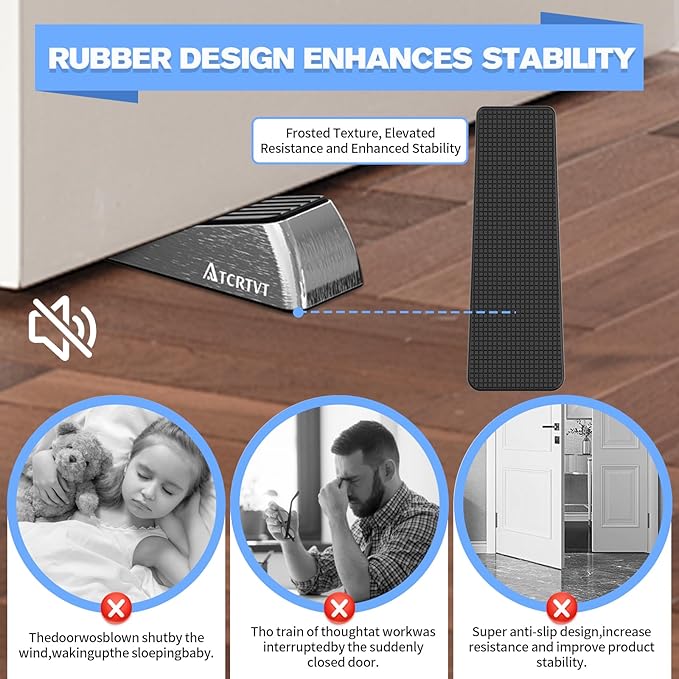 Heavy Duty Door Stopper Wedge 2 Pack Small Size Door Stop Wedge Made of Premium Quality Brushed Stainless Steel Suits Any Door, Any Floor with Self-Adhesive Holder Matt Chrome Small