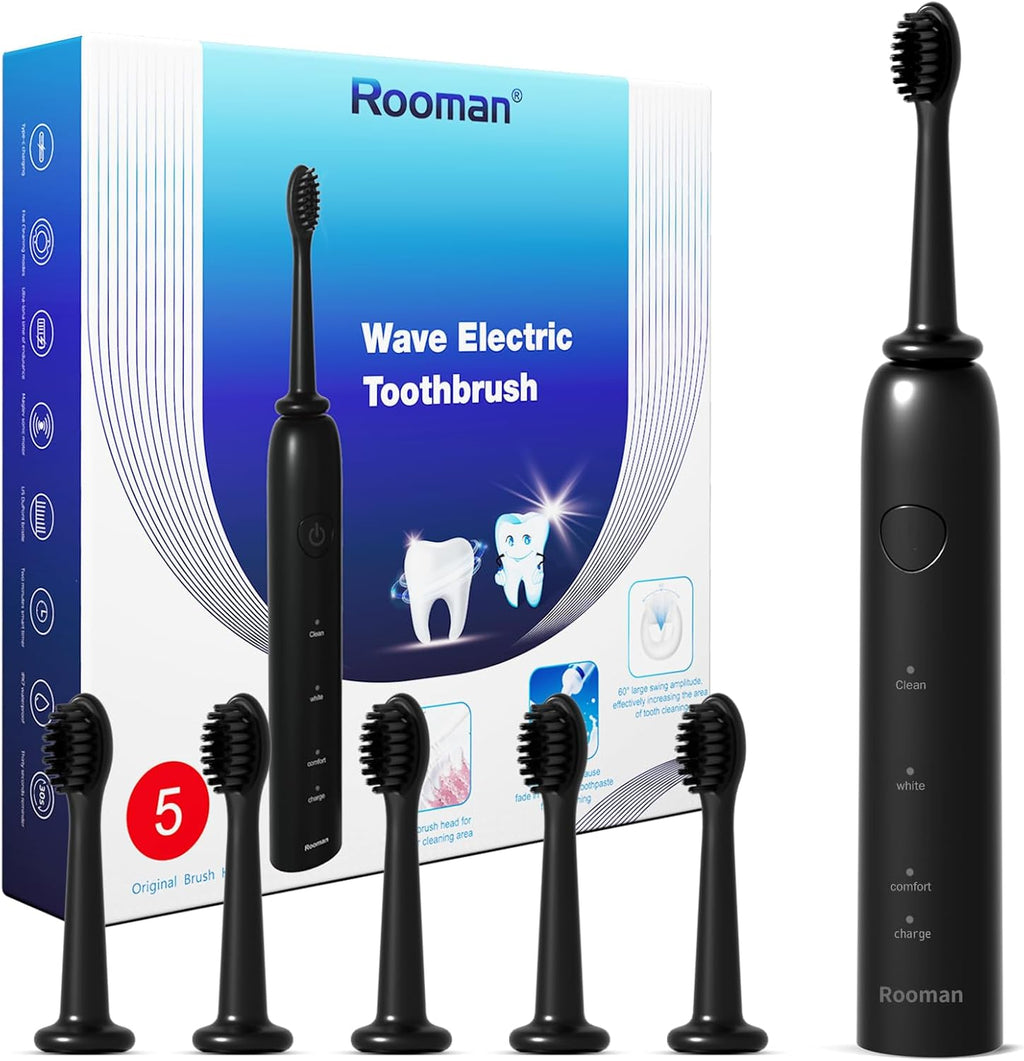 Rooman Oscillation&Vibration Sonic Electric Toothbrush for Adults, with 5 Brush Heads for Travel & Teeth Care, 20000 VPM, 3 Cleaning Modes, 2-Minute Timer, IPX7 Waterproof (Black)