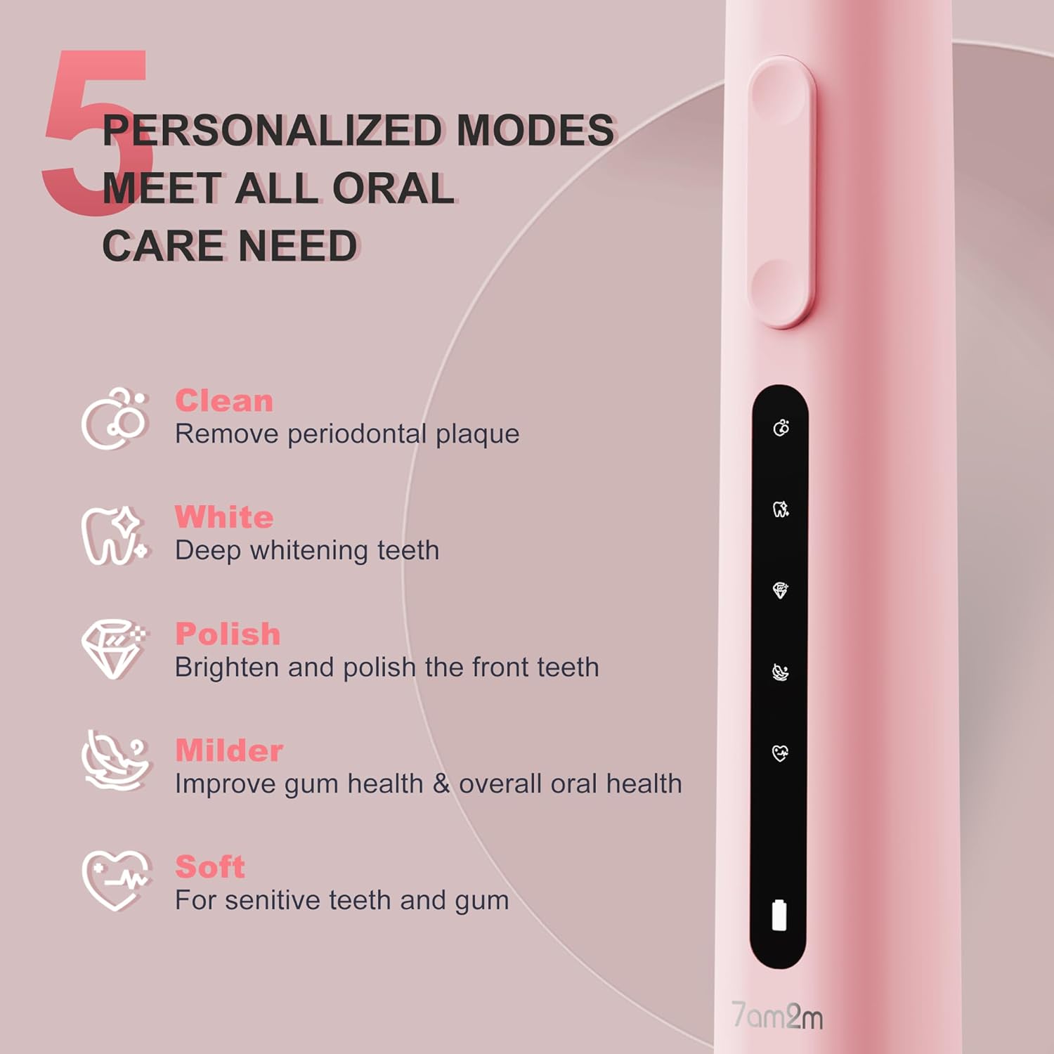 7AM2M Sonic Electric Toothbrush, High Power Rechargeable Toothbrushes, 5 Modes with 2 Minutes Built in Smart Timer, with 4 Brush Heads for Adults and Kids, One Charge for 60 Days (Pink)