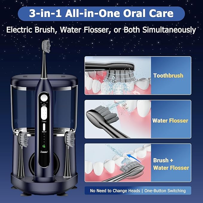 Electric Toothbrush with Water Flossers for Adults, Upgrade Flossing Toothbrush Combo, 5 Floss Speeds&3 Brush Modes, 500mL Tank, 30-Day Battery, for Adults & Teens, Gums, Braces, Dental Care,Blue