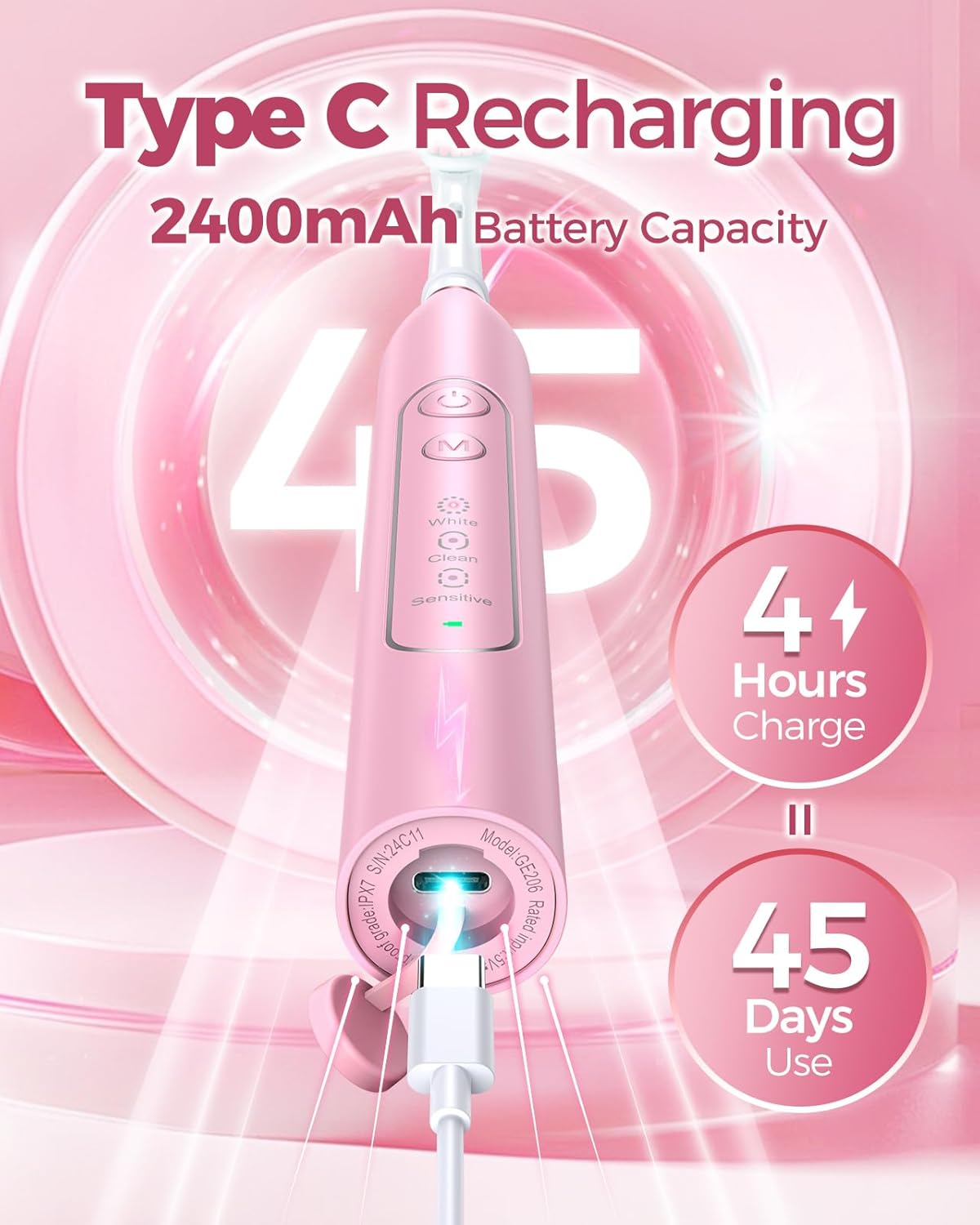 TEETHEORY Rotating Electric Toothbrush for Adults with 8 Brush Heads, Deep Clean Rechargeable Electric Toothbrush with 4 Modes and 2 Min Smart Timer, Last 30 Days and IPX7 Waterproof Pink