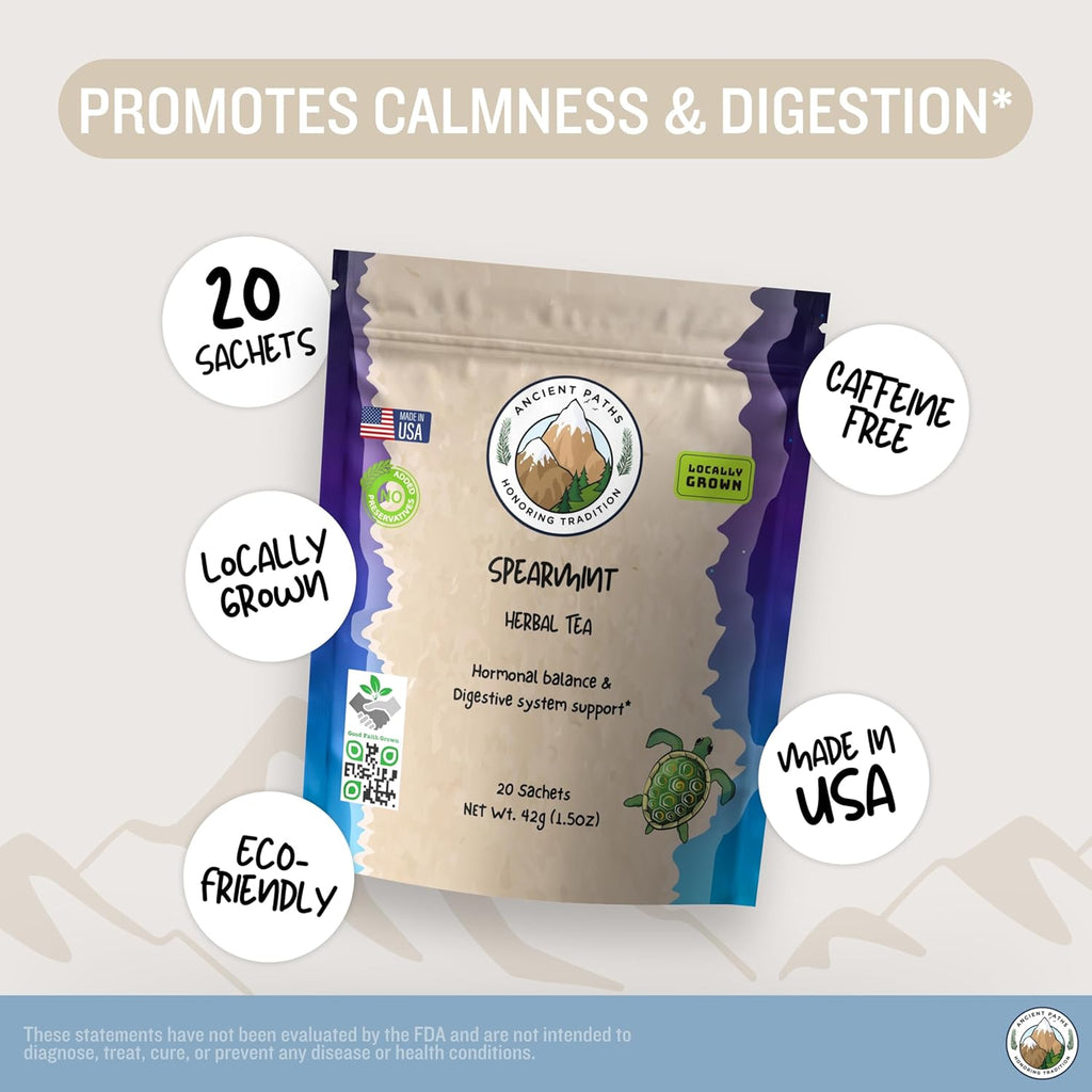 Ancient Paths Spearmint Herbal Tea - Hormone Balance & Gut Support - 100% Pure Dried Spearmint Leaves - Caffeine-Free Tea - Sustainable Tea Bags & USA Grown (20 Sachets)