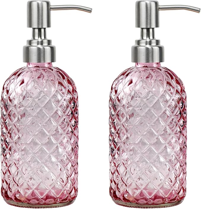 16 oz Soap Dispenser with 304 Rustproof Stainless Steel Pump, Kitchen, Bathroom Refillable Glass Liquid Soap Dispenser for Hand Soap, Soap, Lotion. (Pink-2pack)