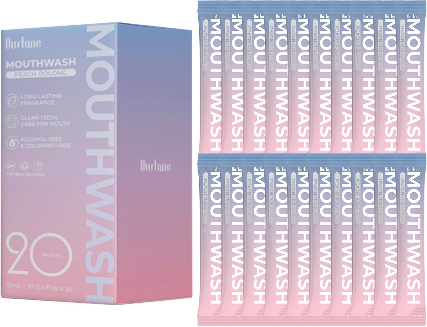 Travel Size Mouthwash, Peach Oolong Flavor, Alcohol-Free, 20-Pack Portable Packets, 0.5 Fl Oz Each, Long-Lasting Freshness (20)