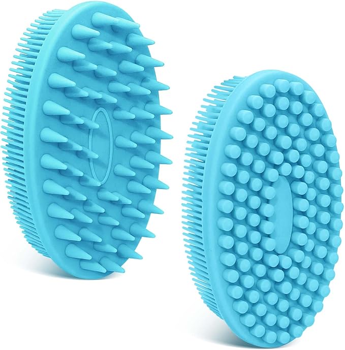 Soft Silicone Body Scrubber 2PCS, Dual-Side Silicone Loofah for Shower, Gentle Loofa Alternative, Replaceable Brush Head to be Used Alone or with Long Handle (Bluex2)