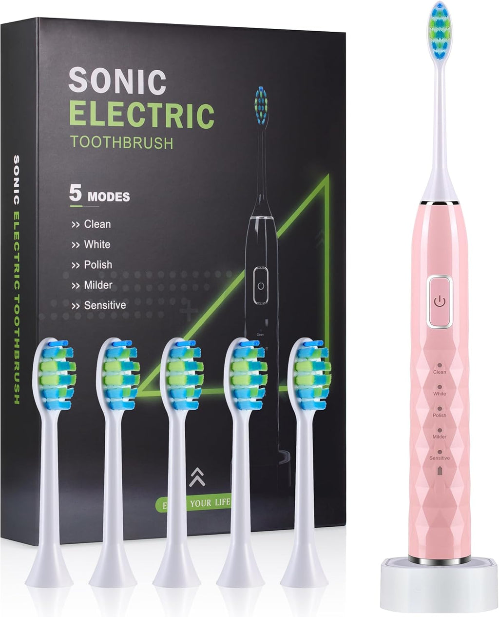 Sonic Electric Toothbrush for Adults - Deep Cleaning Teeth Whitening6 Replacement Brush Heads100-Day Battery5 Modes w/SensitiveIPX7 Waterproof (Color Options)