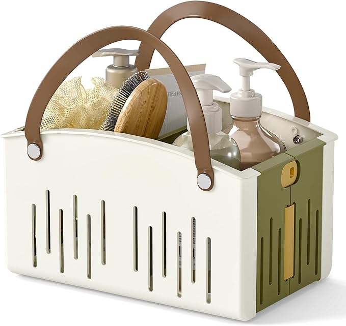 Delamu Portable Shower Basket Caddy with Double Handle Foldable Dry Wet Separation Design 11.0 × 7.1 × 6.5in, Travel, Camping, Gym, College Bathroom Tote, WhiteGreen, Ideal Christmas Gifts for Girls
