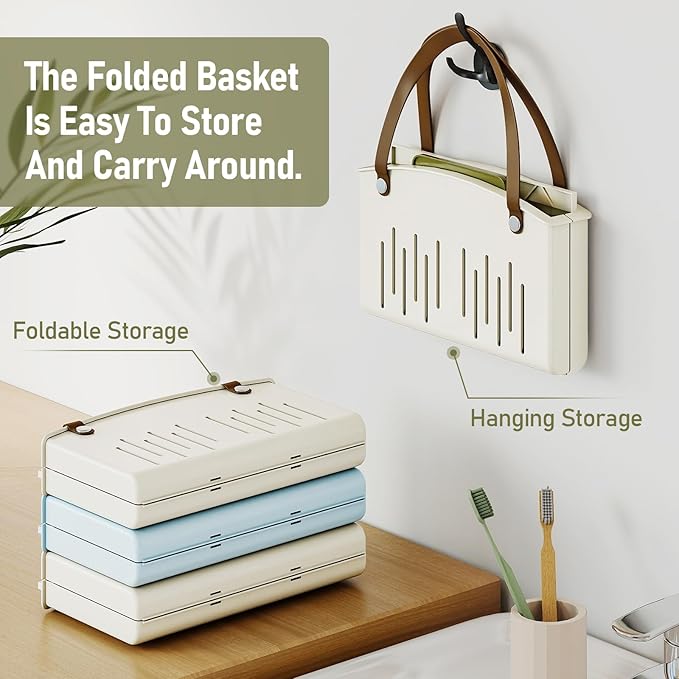 Delamu Portable Shower Basket Caddy with Double Handle Foldable Dry Wet Separation Design 11.0 × 7.1 × 6.5in, Travel, Camping, Gym, College Bathroom Tote, WhiteGreen, Ideal Christmas Gifts for Girls