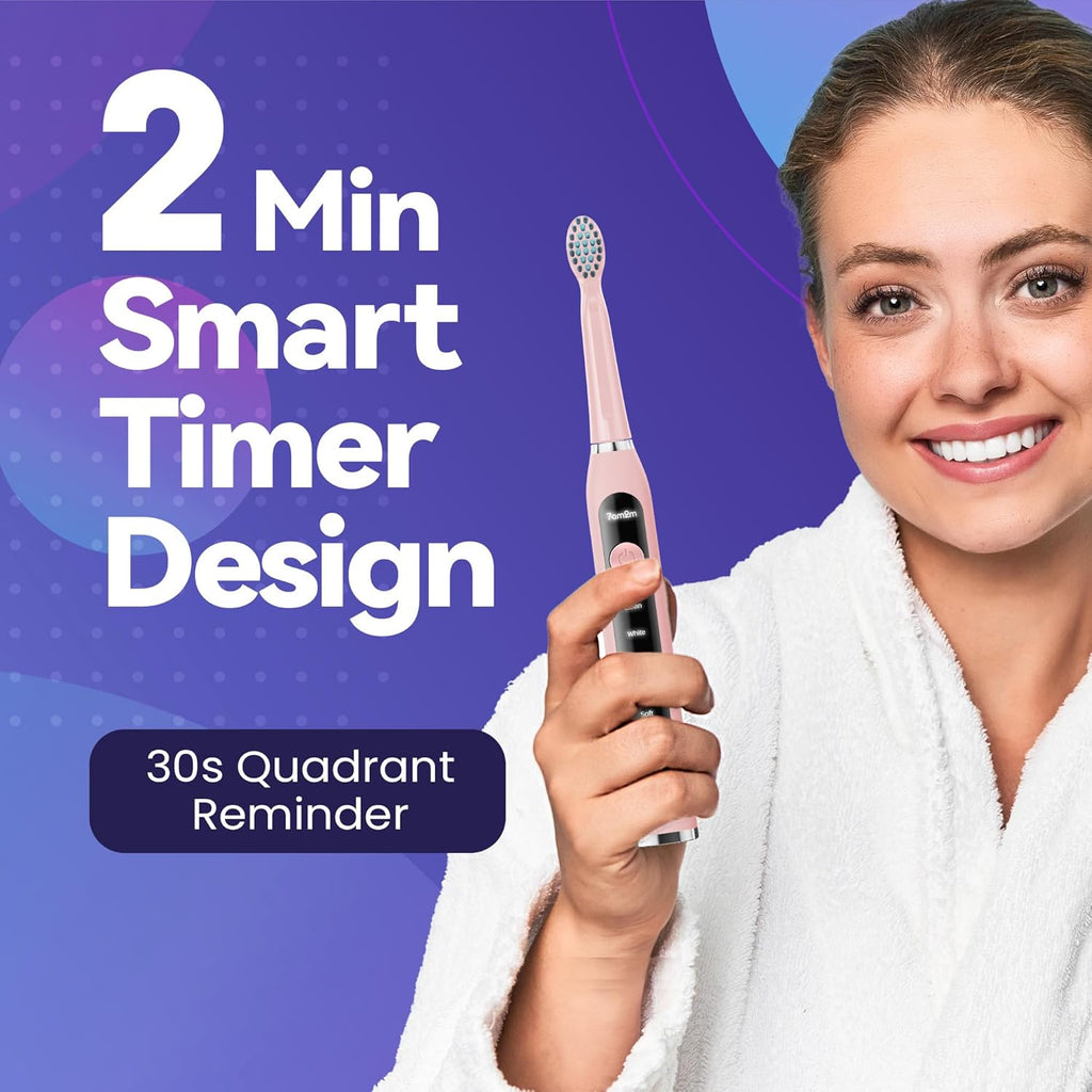 7AM2M Sonic Electric Toothbrush for Adults High Power Rechargeable Toothbrushes with 6 Brush Heads,5 Adjustable Modes, Built-in 2-Minute Smart Timer,3 Hours Fast Charge for 45Days Pink