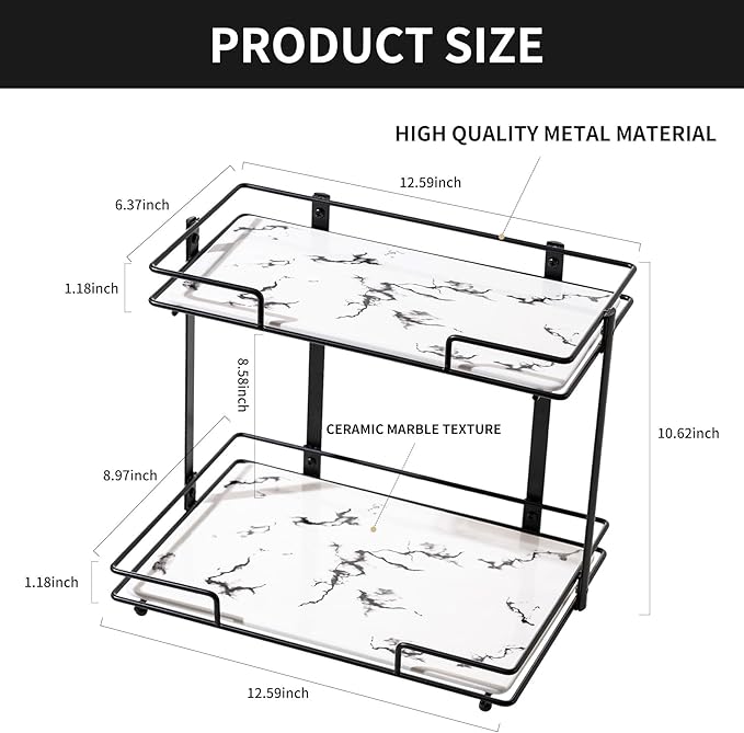 2 Tier Bathroom Cabinet Countertop Organizer Perfume Lipstick Makeup Organizer Cosmetics Storage Display Rack Vanity Tray Metal Dresser Storage Shelf White Marble Ceramic Tray Black