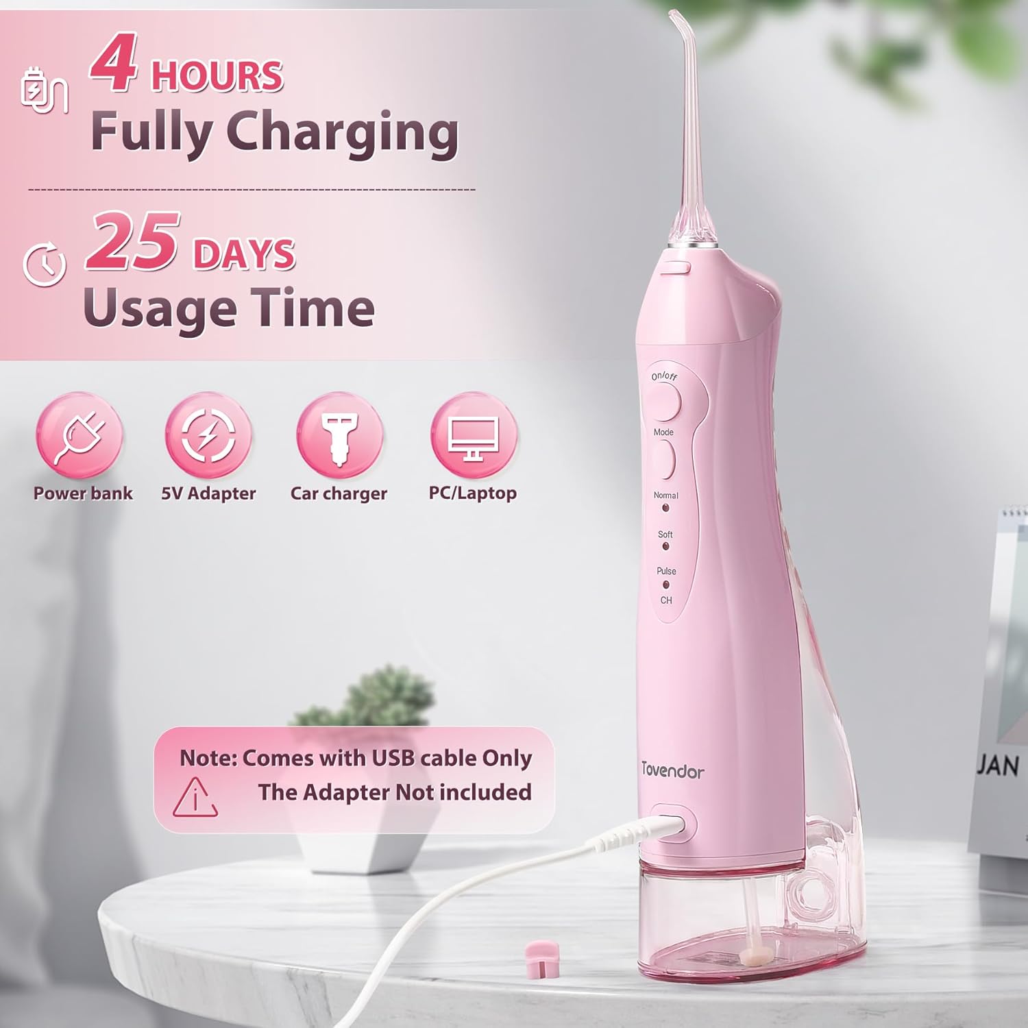 TOVENDOR Electric Water Flosser, Cordless Rechargeable Dental Oral Irrigator IPX7 Waterproof 300ML Travel Water Teeth Cleaner with 5 Tips for Braces Care Teeth Gums Cleaning, Home Office Daily Use