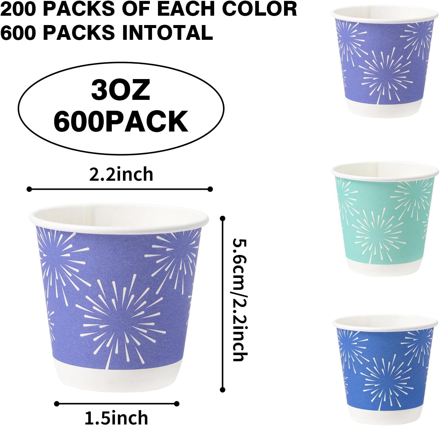 Tamone 600 Pack 3 oz Bathroom Cups, Small Paper Cups, Mini Disposable Cups Fireworks Design, Blue, Green Mouthwash Cups for Party, Picnic, BBQ, Travel, Home and Event