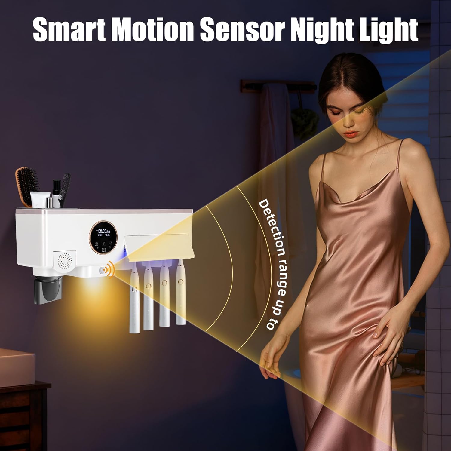 Toothbrush Holder with UV Toothbrush Sanitizer, White Hair Dryer Holder with Timer Function and Touch Screen, Smart Home Bathroom Accessories with Automatic Hand Drying and Sensor Light for Bathroom