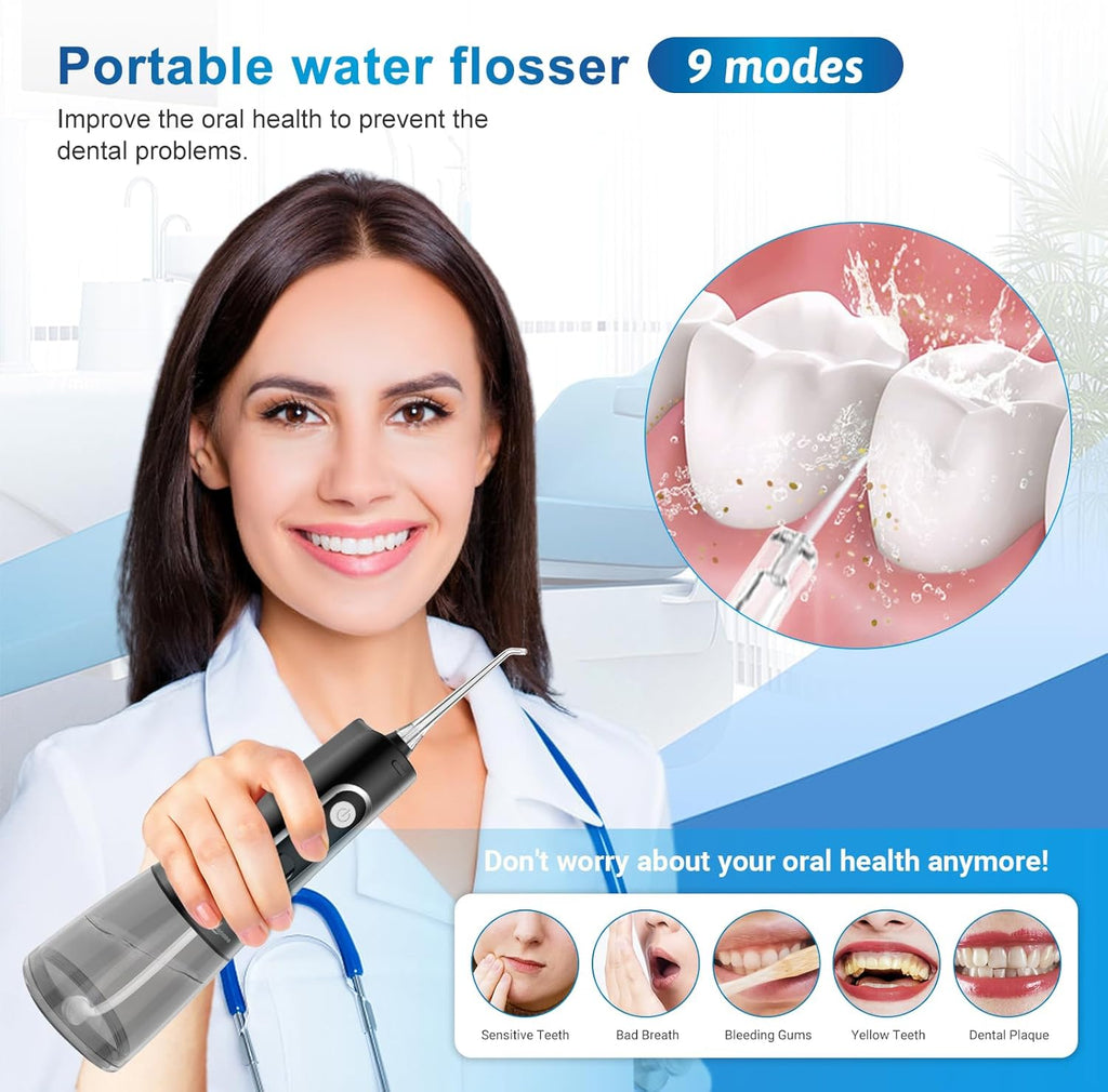 Water Dental Flosser Oral irrigator,JNGOODS 300ml Rechargeable Water flosser for Teeth IPX7 Waterproof 9 Modes Portable Oral Irrigator. LED Display with 4 Jet Tips, Travel Home use (Black)