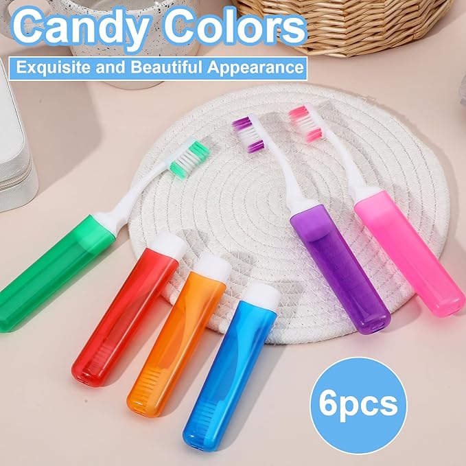6Pcs Travel Toothbrush Kit, Mini Portable Toothbrush Set with Covers, Small Soft Folding Tooth Brush Individually Wrapped for Camping and Home, Red, Blue, Pink, Purple, Orange, Green
