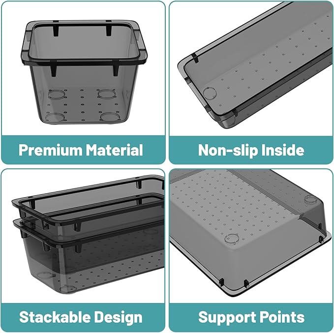 WOWBOX 24 PCS Clear Plastic Drawer Organizer Set, 4 Sizes Desk Drawer Organization and Storage Containers for Makeup, Cosmetics, Jewelry and Gadgets in Kitchen, Bathroom, Bedroom, Office, Clear Black