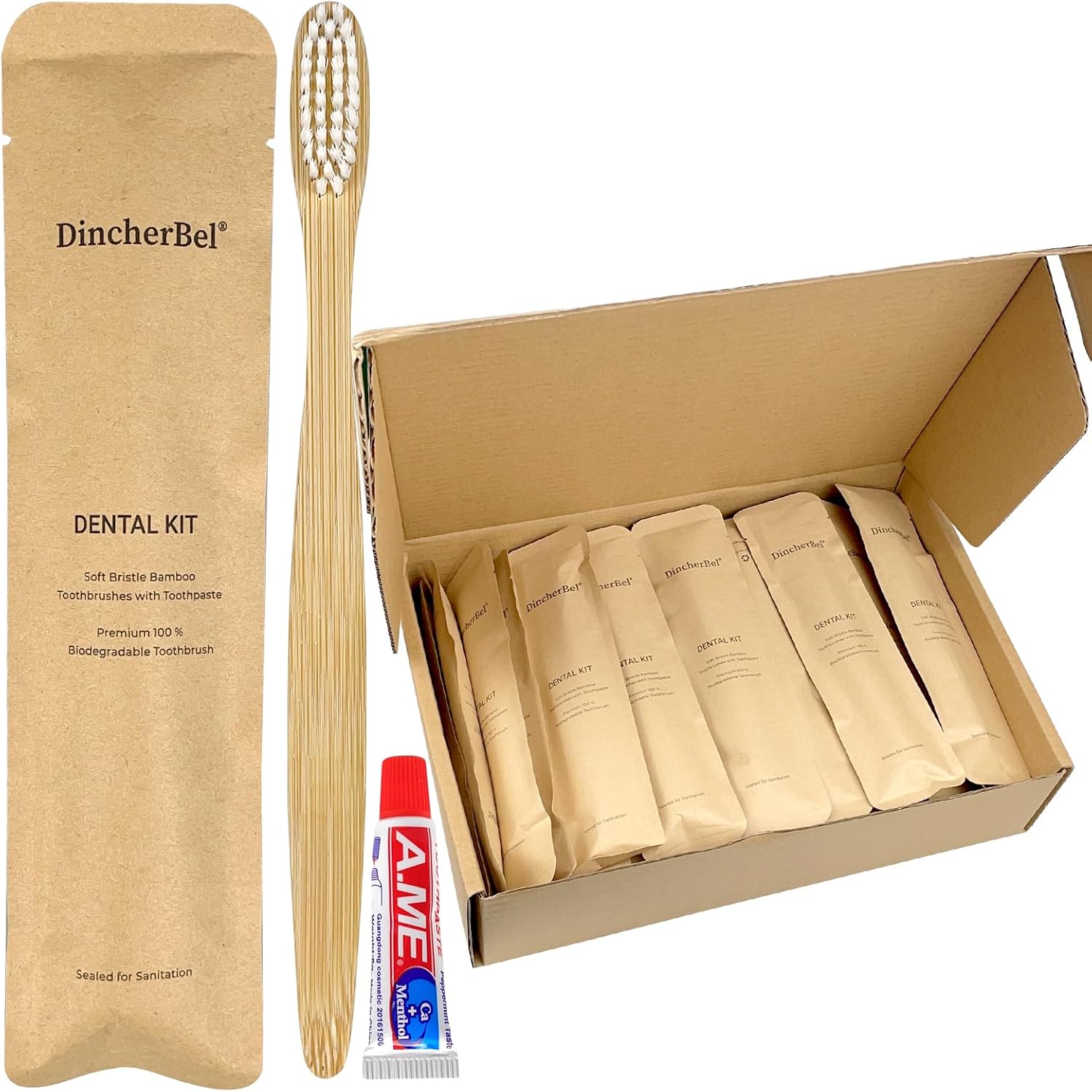 DincherBel Bamboo Toothbrushes Kit Bulk, Disposable Toothbrushes with Toothpaste(6g), Individually Wrapped Toiletries Amenities for Hotel, Airbnb, Homeless, Shelter, Camping and Travel (50 Pack)