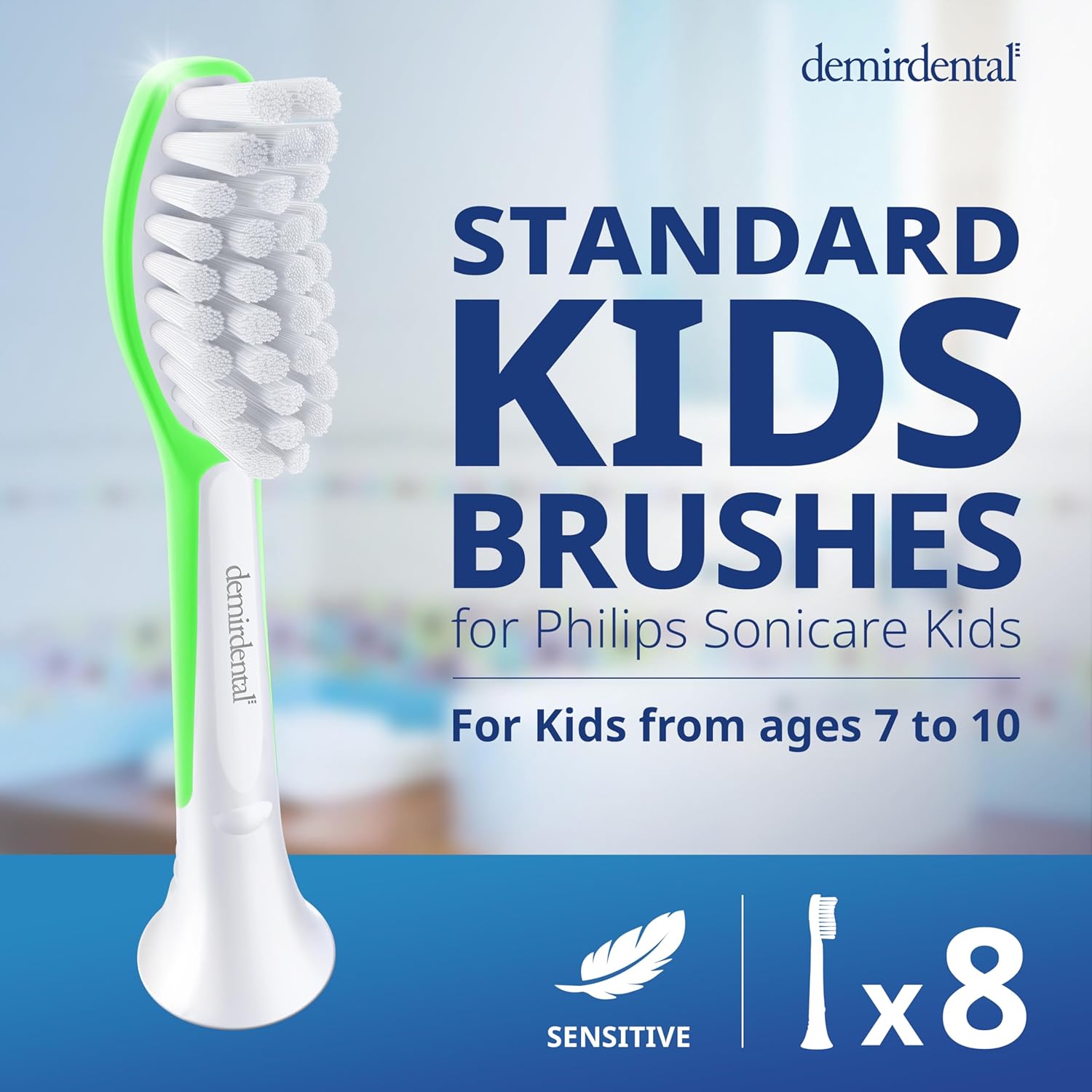 demirdental Kids Toothbrush Heads Compatible with Philips Sonicare Kids Toothbrush Heads - Replacement Heads Sensitive - Brush Heads from Ages 7 to 10 - Green - Replaces HX6048-8 Pack