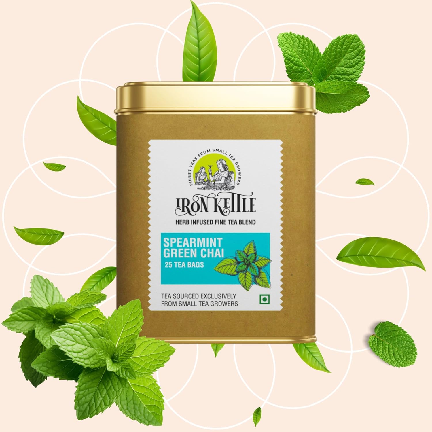 Iron Kettle Spearmint Green Tea | High Grown Green Tea bag blended with natural Spearmint & Peppermint leaves | Sourced exclusively from small tea growers with higher fine leaf count | 25 Tea bags