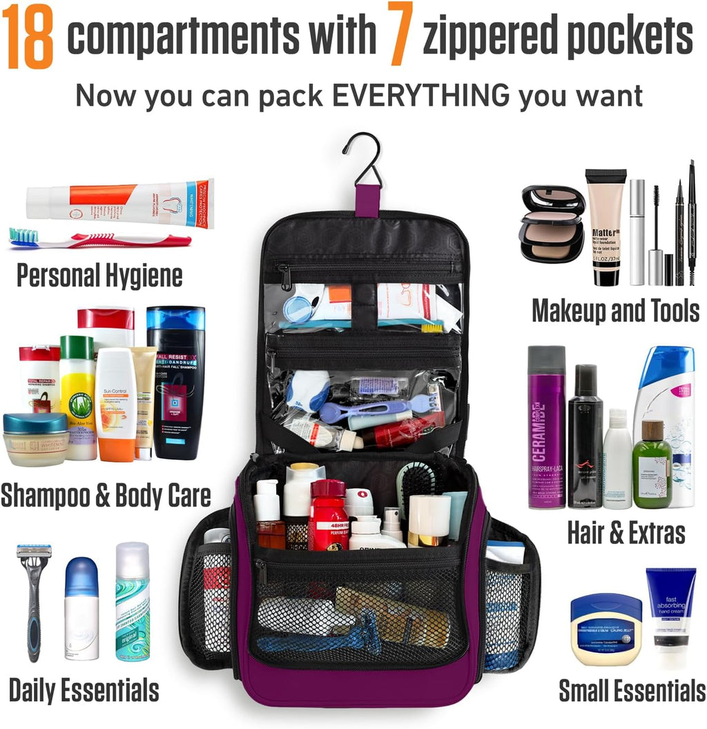 VENTURE 4TH Hanging Travel Toiletry Bag for Women & Men - Travel Organizer with Expandable Compartments & Removable Clear Pouch for Toiletries (Purple)