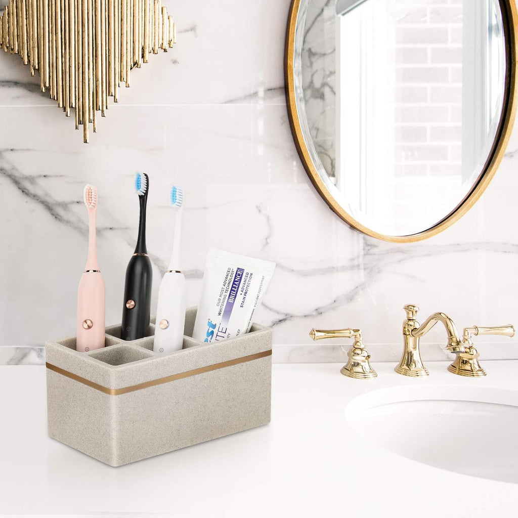 Shinowa Resin Toothbrush Holder, 5 Slots Hygienic Electric Toothbrush Holder Storage Stand Organizer for Toothbrush, Toothpaste, Razor, Gravel Khaki