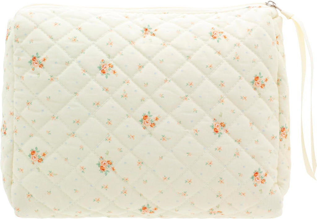 PAZIMIIK Quilted Makeup Bag Large Travel Zipper Soft Cosmetic Pouch for Women Girls Make Up,Floral White