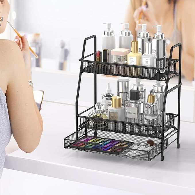2-Tier Bathroom Counter Organizer with Drawer, Bathroom and Makeup Organizer Countertop, Easy to Install, Ideal for Bathroom organizer, Vanity, Large Skincare, Perfume, Present, and More,Black
