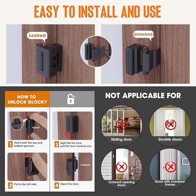 Home Security Door Reinforcement Lock - 800lbs Force Child Proof Flip Lock, Anti-Kick Portable Door Lock for Apartments & Travel, Extra Safety for Inward Swinging Doors from Inside (Black-1set)