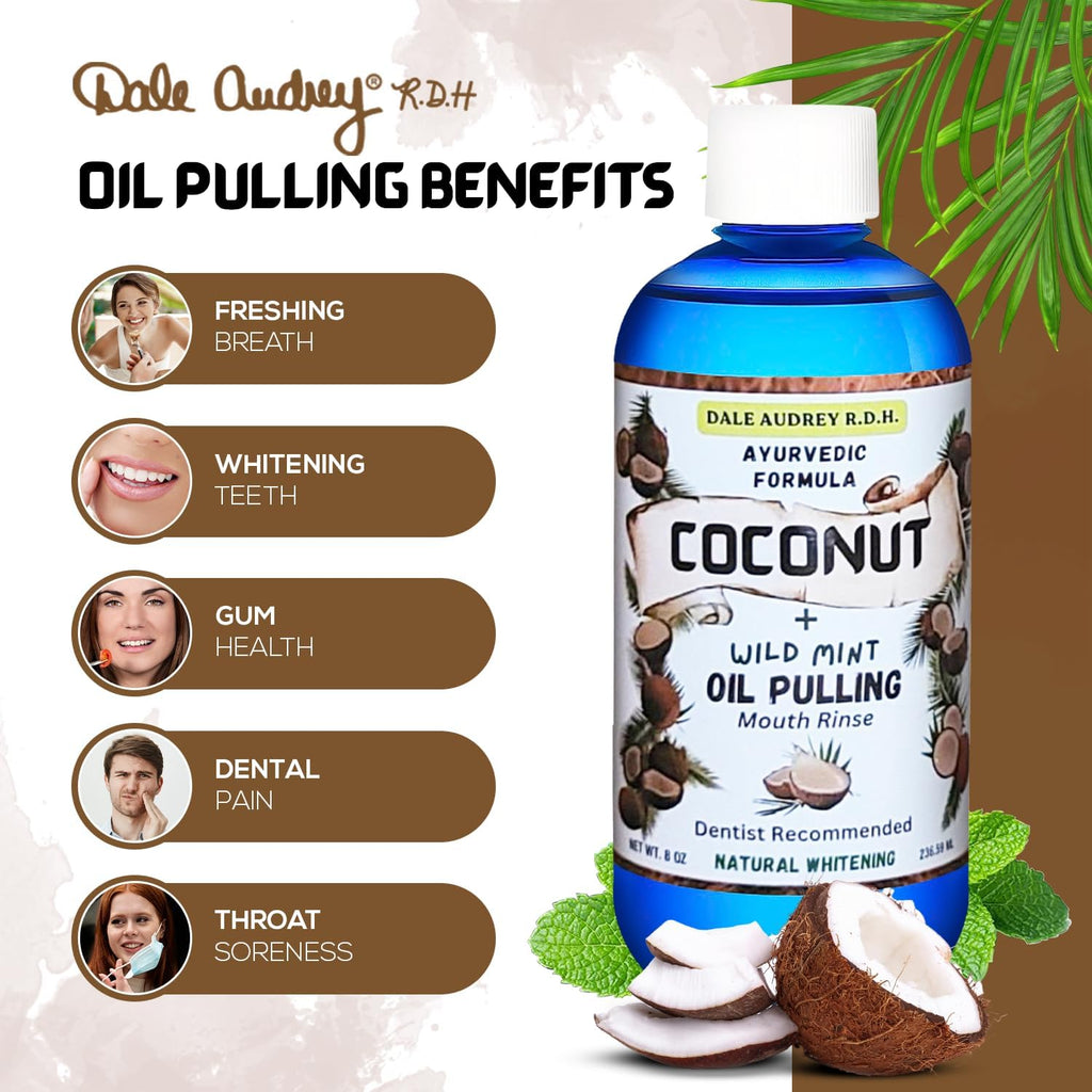 Dale Audrey Coconut Pulling Oil for Teeth and Gums with Stainless Steel Tongue Scraper | CocoMint Oil Pulling Mouthwash, Ayurvedic Alcohol-Free Teeth Whitening Mouthwash for Gums & Bad Breath- 8 FL Oz