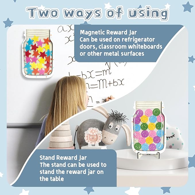 2 Pack Magnetic Reward Jar,Star and Smiley Face Reward Jar,Star Jar Reward System for Kids,Good Behavior Home Classroom Responsibility Routine Training Tool for Boys Girls
