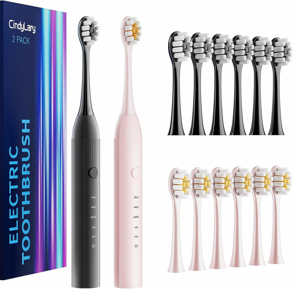 2 Pack Electric Toothbrush Set, Comes with 12 Brush Heads & 2 Electric Toothbrush,5 Modes with 2 Minutes Built in Smart Timer, One Charge for 60 Days, 38000 VPM Motor,Black and Pink.