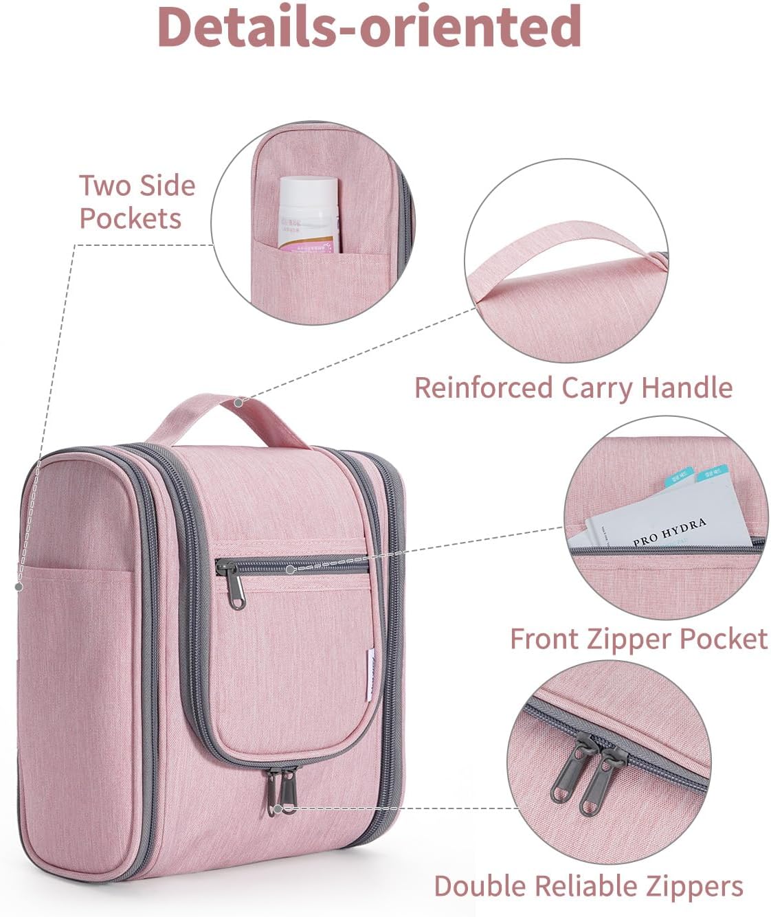 Narwey Small Hanging Toiletry Bag Women Travel Makeup Bag Organizer Toiletries Bag for Travel Size Essentials Accessories Cosmetics (Medium, Pink)