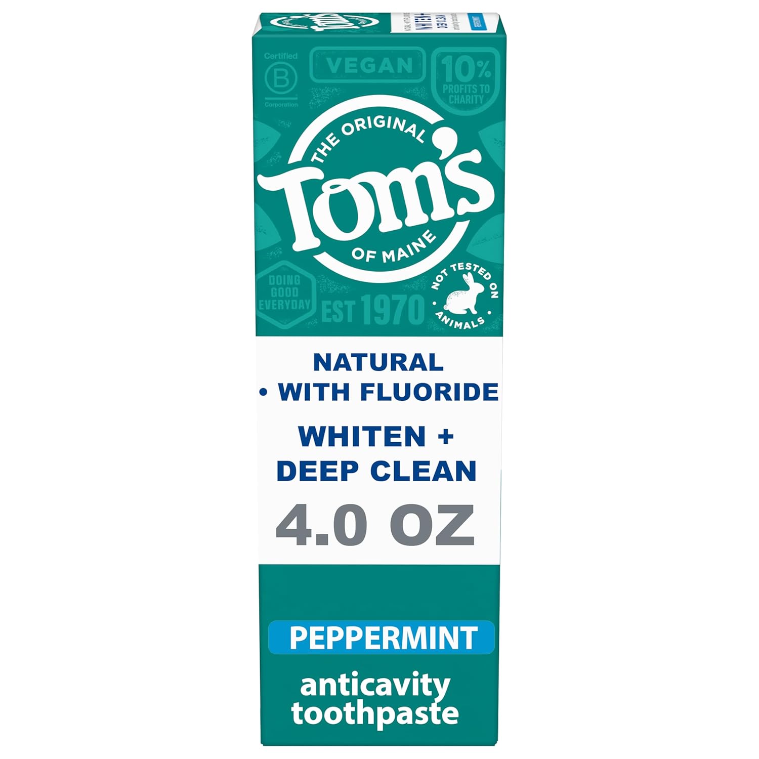 Tom’s of Maine Whiten Plus Deep Clean Whitening Toothpaste, Natural Whitening Toothpaste with Plant-Based Cleansers, Enamel Safe Formula, Whitens Without Causing Sensitivity, Peppermint, 4.0 oz