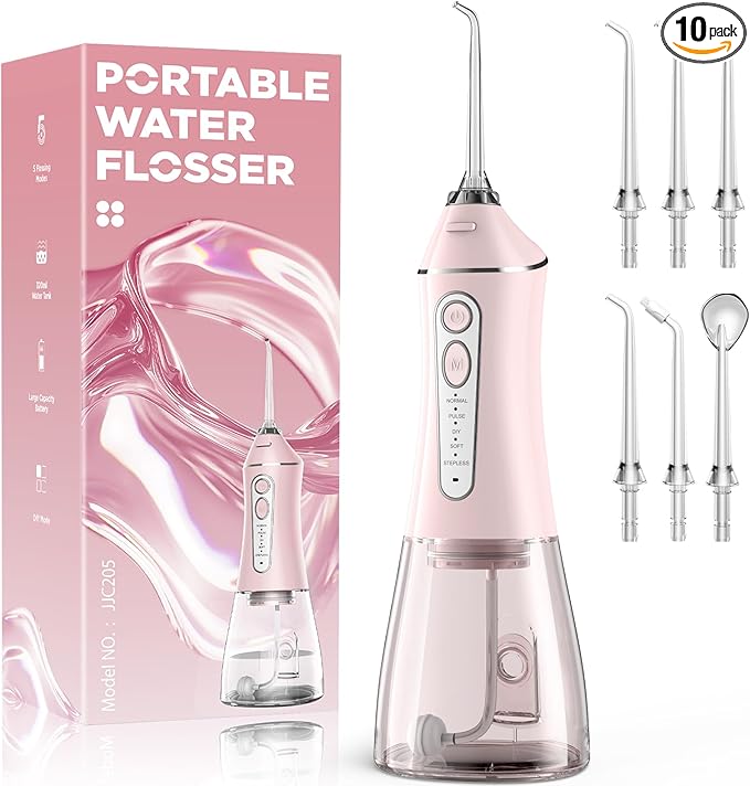 Water Flosser for Teeth Cleaning and Flossing, 5 Modes Rechargeable Cordless Oral Irrigator 320ml Water Tank Teeth Cleaner, IPX7 Waterproof Portable Electric Dentel Flossers for Home and Travel,Pink