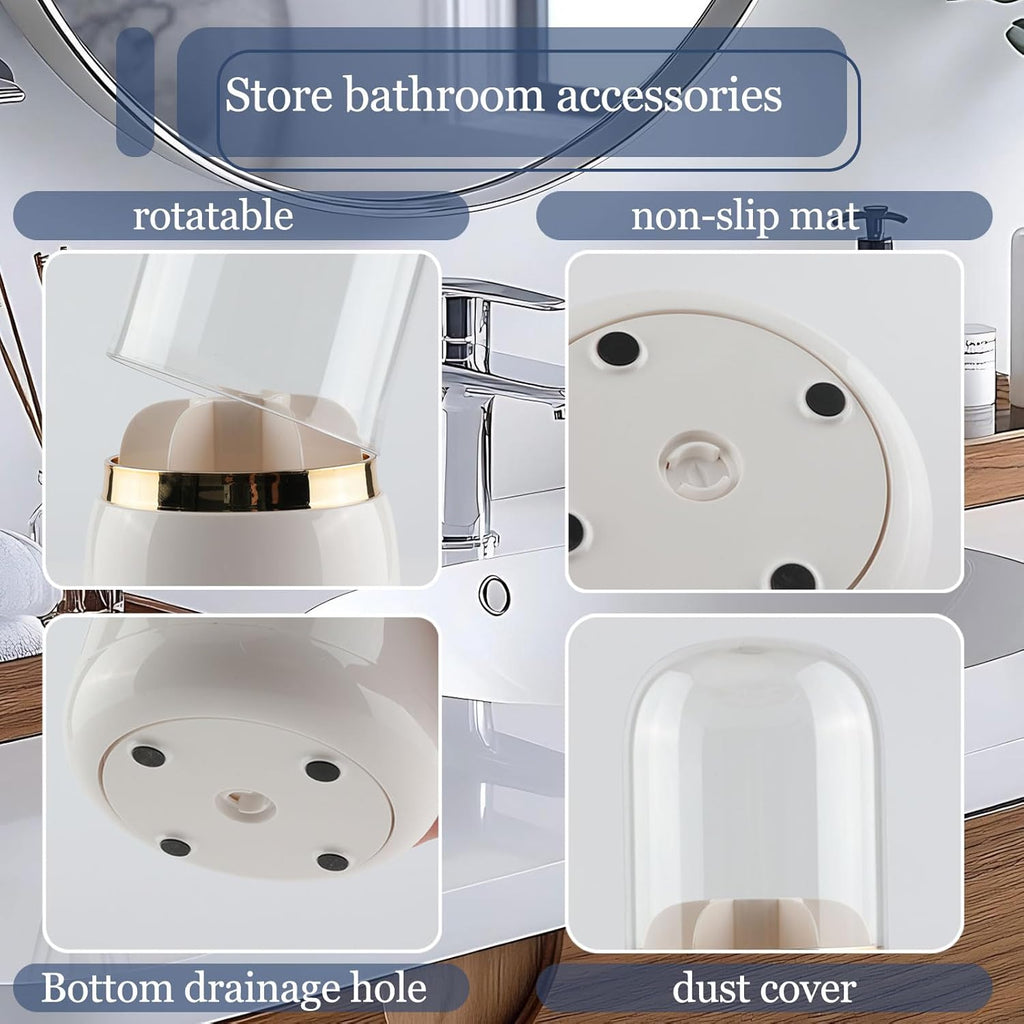 Toothbrush Holders for Bathrooms, 360° Rotating with Cover and Draining Water,Tooth Brush Toothpaste Holder Bathroom Counter Stand Sink Organizer Caddy for Vanity Makeup Brushes Holder