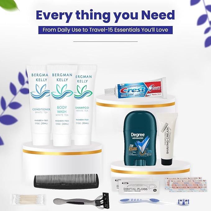 Trektote Bulk Hygiene Kit For Men – (50 Pack) 12 Piece Set Of Travel Size Toiletries, TSA Compliant, Bulk Travel Essentials, Includes Shampoo And Conditioner, Body Wash, Toiletry Bag & More