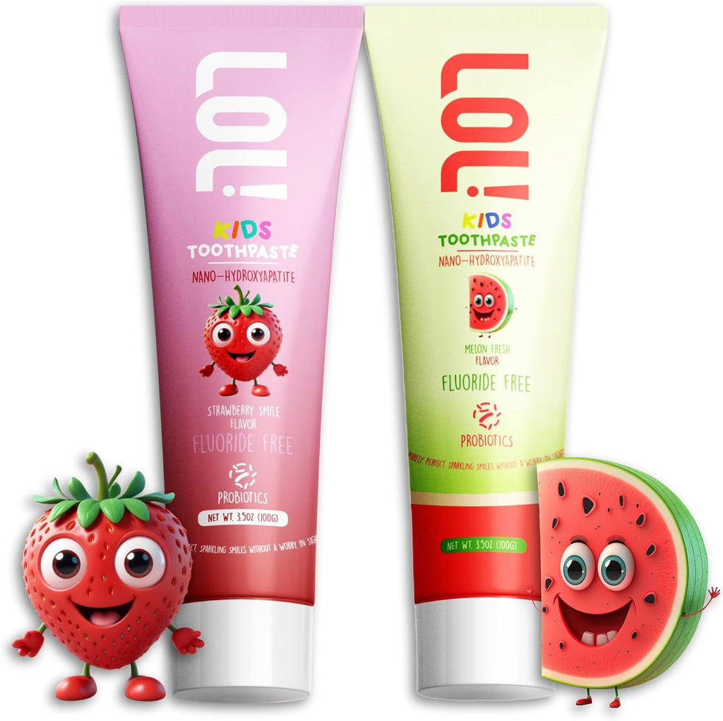 LOL Kids Toothpaste | Fluoride Free 2-Flavors Pack | Nano Hydroxyapatite Toothpaste, Probiotics, Vitamins A, C, E | Safe if Swallowed, No SLS | 1 Strawberry, 1 Melon Flavor,