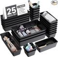 25 PCS Plastic Drawer Organizers Set, 4-Sizes Vanity and Makeup Organizer, Desk and bathroom Drawer Organizer Trays, Organizers and Storage for Makeup, Jewelry, Gadgets, Utensils (Black)