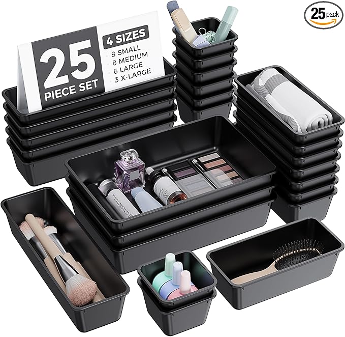 25 PCS Plastic Drawer Organizers Set, 4-Sizes Vanity and Makeup Organizer, Desk and bathroom Drawer Organizer Trays, Organizers and Storage for Makeup, Jewelry, Gadgets, Utensils (Black)