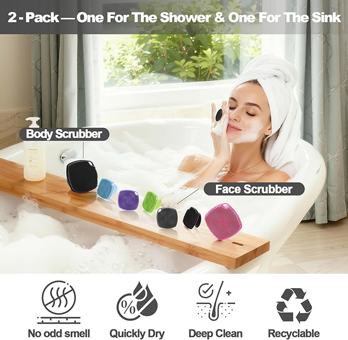 2 Pack Face Scrubbers, Silicone Body Scrubber Soft Bristles, Gentle Lather, Exfoliating & Deep Cleaning for Sensitive Skin, Giant Suction Cup Stick Securely (Body + Face Scrubber Black)
