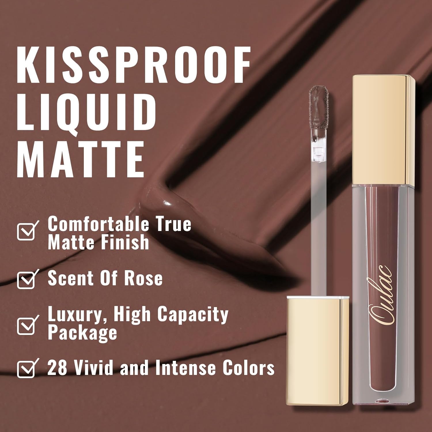 Oulac Matte Liquid Brown Lipstick for Women, Long Lasting Lipstick Waterproof Lip Stain, No Transfer, Creamy High Pigmented Formula with Rose Oil, Vegan & Cruelty-Free M27