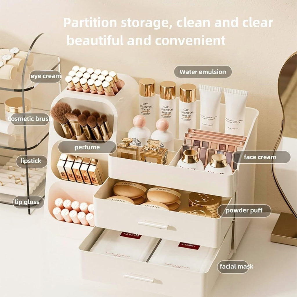 Makeup Organizer with Drawers,Large Capacity Countertop Organizer for Vanity,Bathroom and Bedroom Desk Cosmetics Organizer,Easy To Storage Skincare,Brushes,Lotions,Lipstick (All Cream)