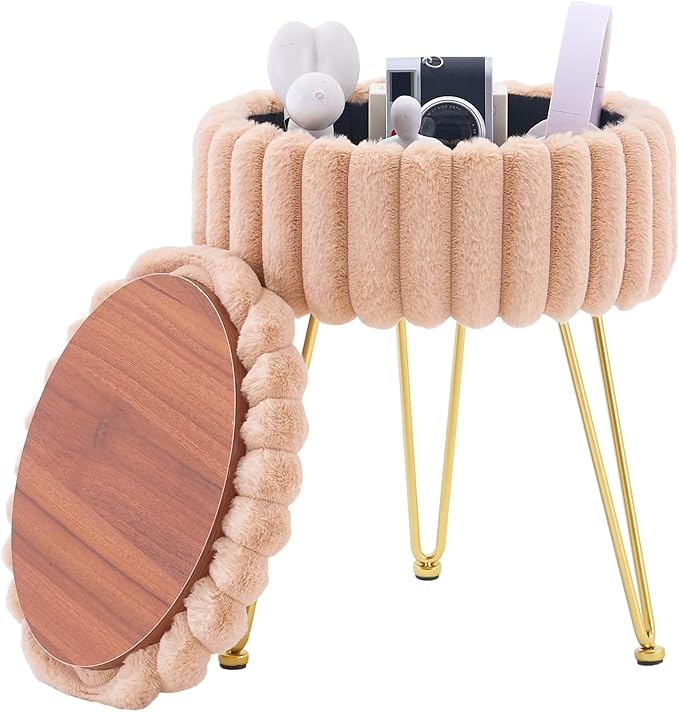 Wimarsbon Vanity Stool with Storage, Faux Fur Ottoman Chair with Metal Legs, Round Makeup Vanity Chair for Bedroom or Dressing Table, Modern Small Ottoman Seat (Beige)