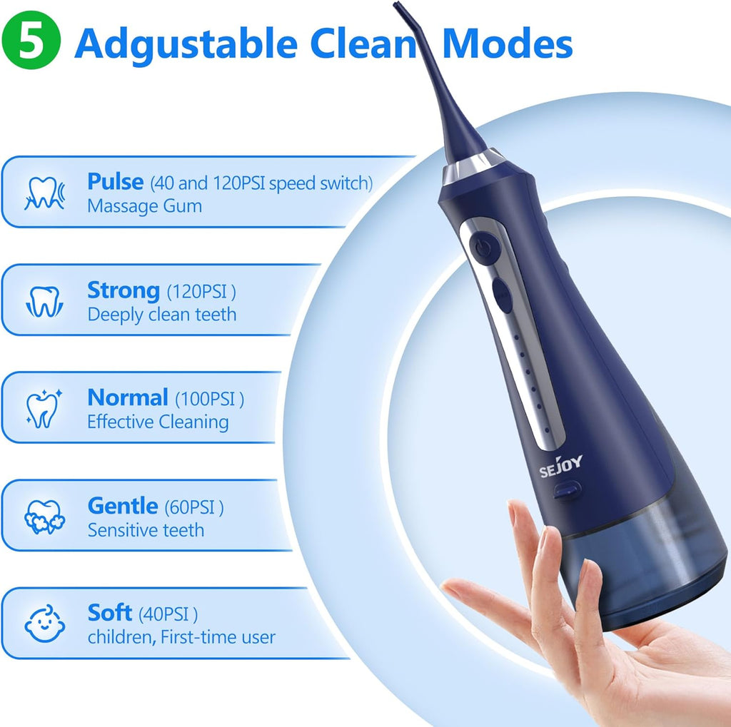 Sejoy Water Flossers for Teeth Cleaning, Water Flosser for Teeth Rechargeable Cordless, Electric Portable, 5 Cleaning Modes 8 Jet Tips, IPX7 Waterproof, 230ml, for Travel and Home