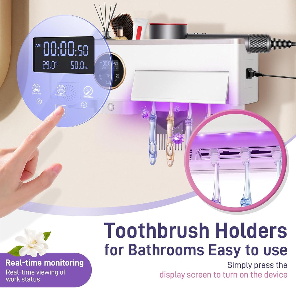 Werhoo Toothbrush Holders for Bathrooms 4 Slots. Hair Dryer Holder, UV Toothbrush Holders with Timer Function, with Hand Dryer Function,Supports Nighttime sen/SOR Lighting,Suitable for Home Bathroom