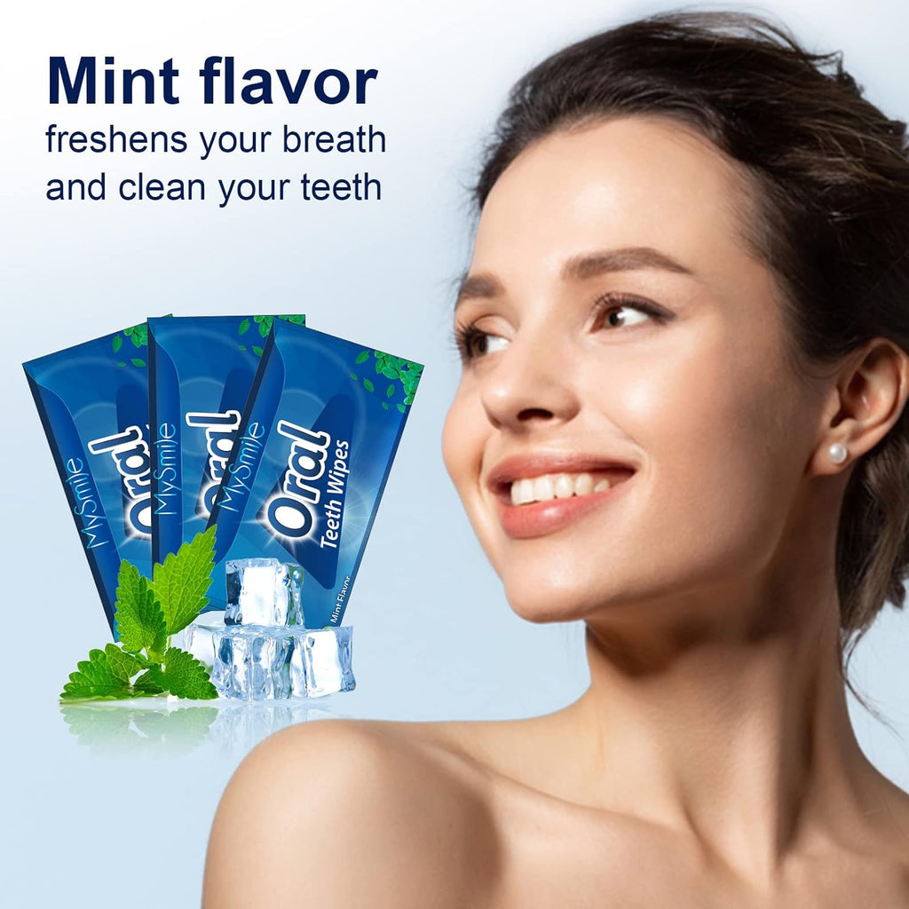 MySmile 100pcs Teeth Wipes Disposal Finger Brush Deep Cleaning Teeth Wipes Oral Brush Up Tooth Wipes for Teeth Cleaning, Mint Flavor