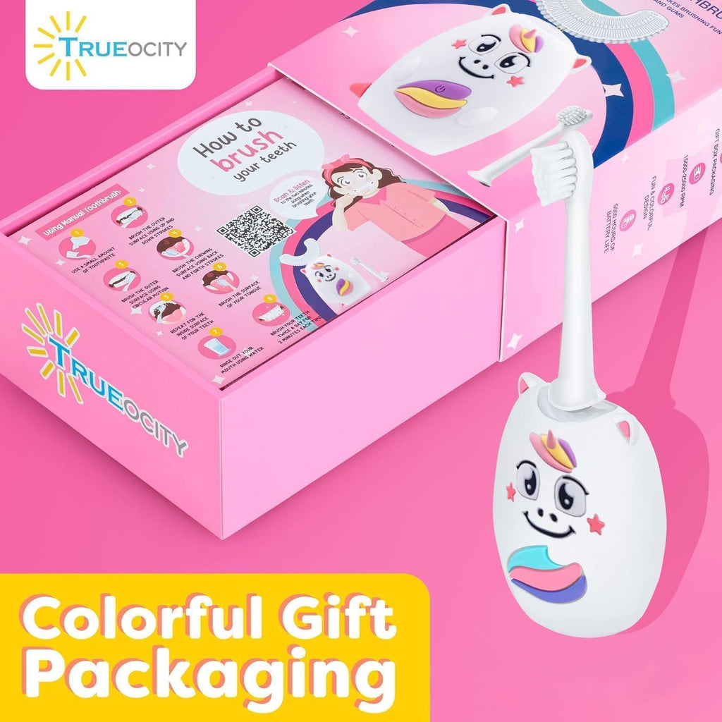 Trueocity Kids U Shape Toothbrush Auto Electric Toddler Rechargeable Kids Automatic Toothbrush | 360° U-Shaped Silicone Brush Head | Gentle Cleaning for Ages 2–7 | Unicorn Design (Pink)