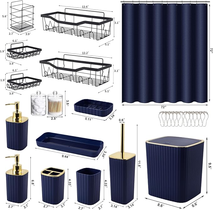 28PC Bathroom Set - Gorgeous Blue Bathroom Set, Bathroom Accessory Set, Blue Shower Curtain Set with 5PC Shower Shelves